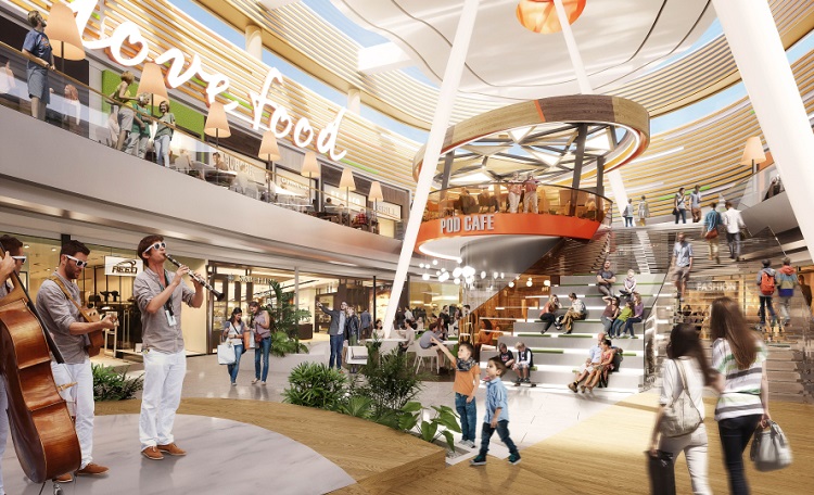 Shopping centre, food court, music