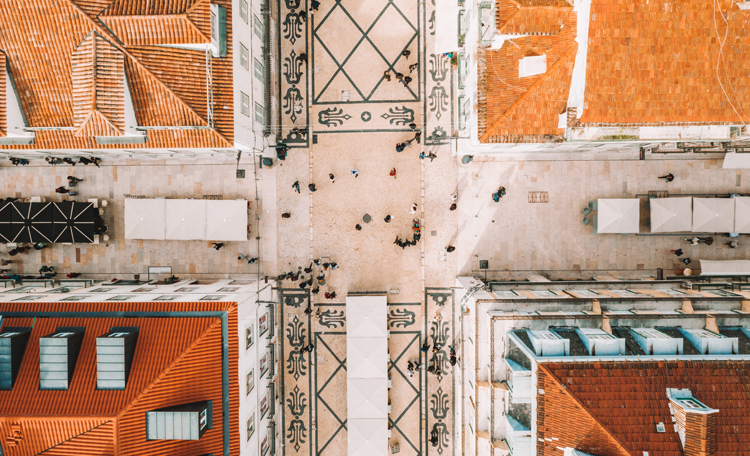 Lisbon aerial view onto retail street