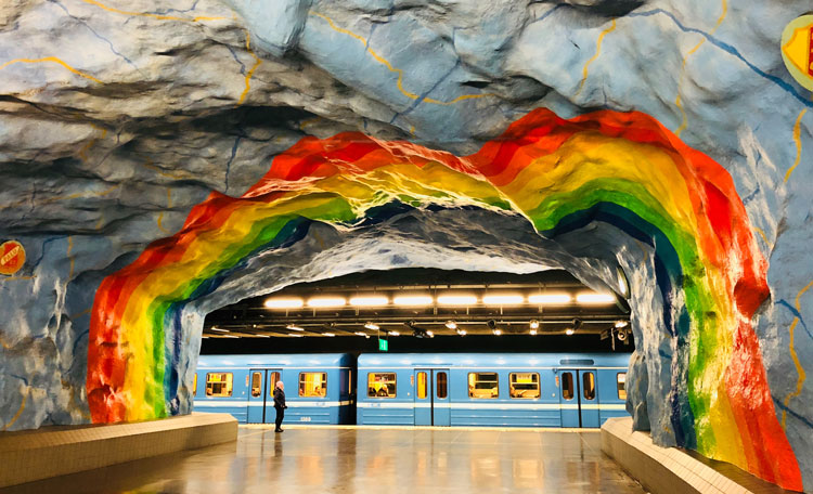 Stockholm tunnelbana station with rainbow walls, Sweden